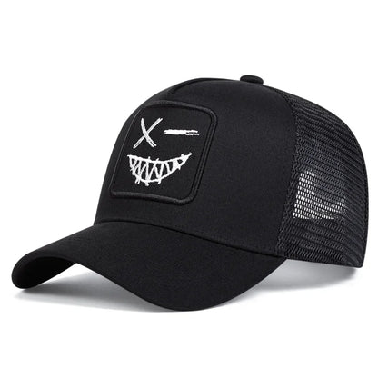 Unisex X Baseball-Netzkappen mit Stickerei eines lächelnden Gesichts und Zähnen – Sonnenhut für Frühling und Sommer, im Freien, mit Sonnenschutz, verstellbare Freizeit-Trucker-Kappen