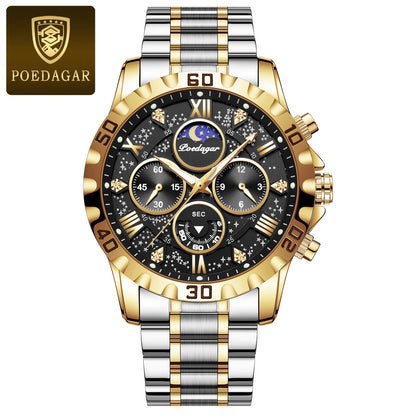 POEDAGAR herenhorloge – Luxe chronograaf, waterdicht en lichtgevend, van roestvrij staal, in sportieve en militaire stijl, met quartz uurwerk