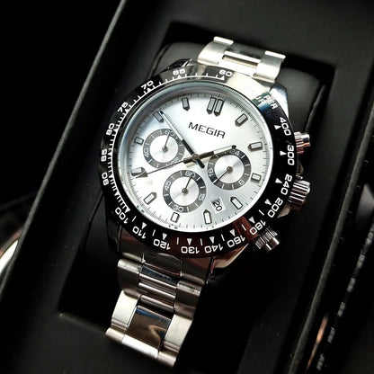 MEGIR men’s watch, luxury brand, quartz sports watch, stainless steel bracelet, water-resistant, chronograph, wristwatch