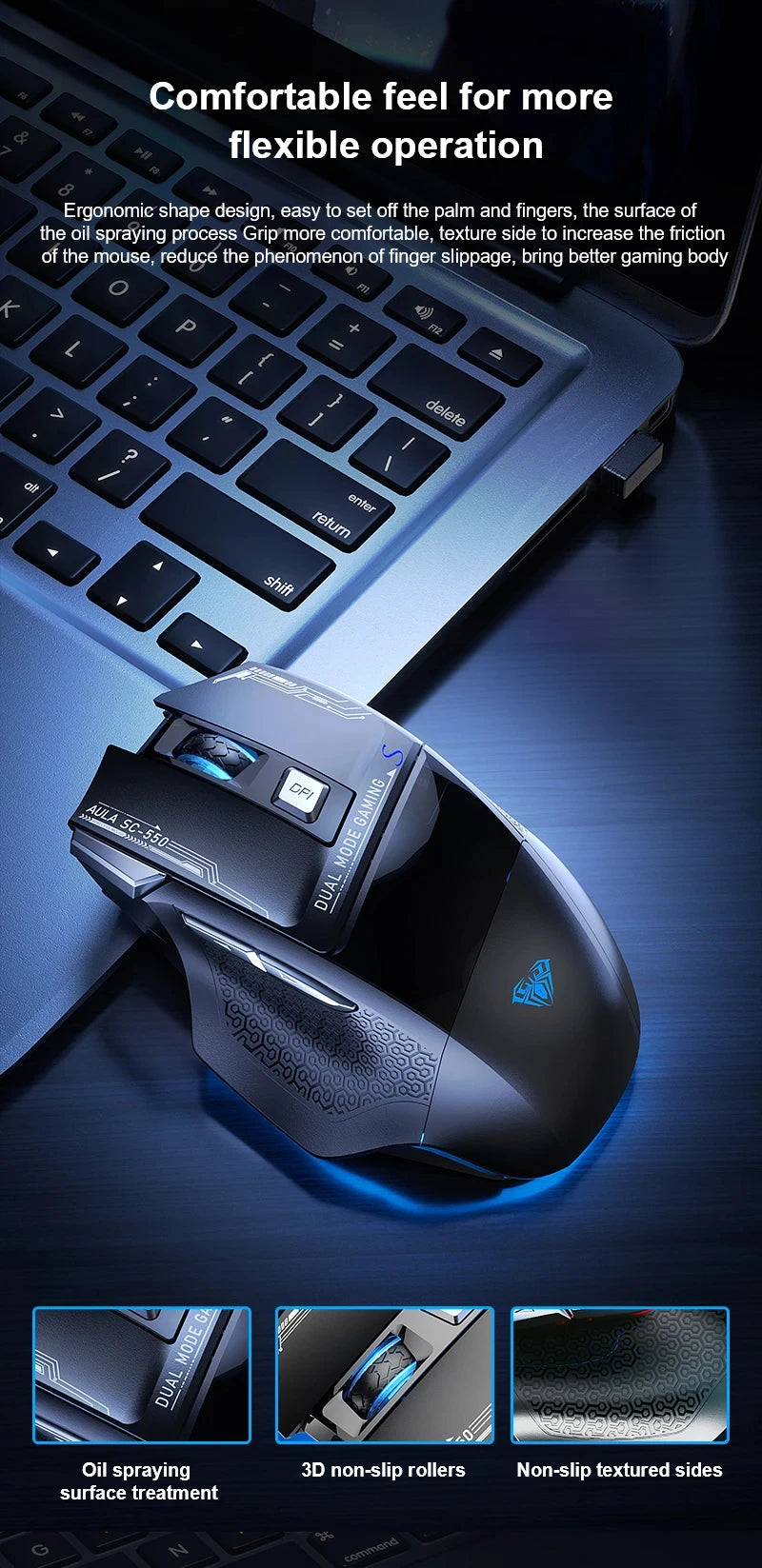 AULA SC550 bežični gaming miš, dvostruki način rada, punjivi svjetleći mehanički gaming miš za stolno/prijenosno računalo, e-sports USB miš