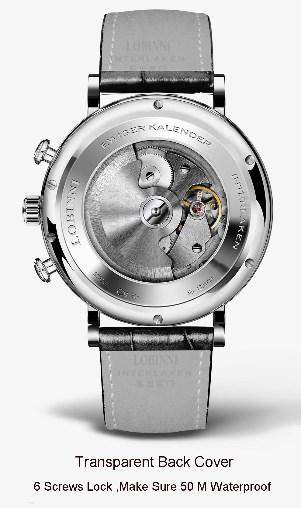 Relógio masculino mecânico automático LOBINNI Luxury Brand Switzerland com calendário perpétuo, vidro de safira e mostrador multifunções L13019-8
