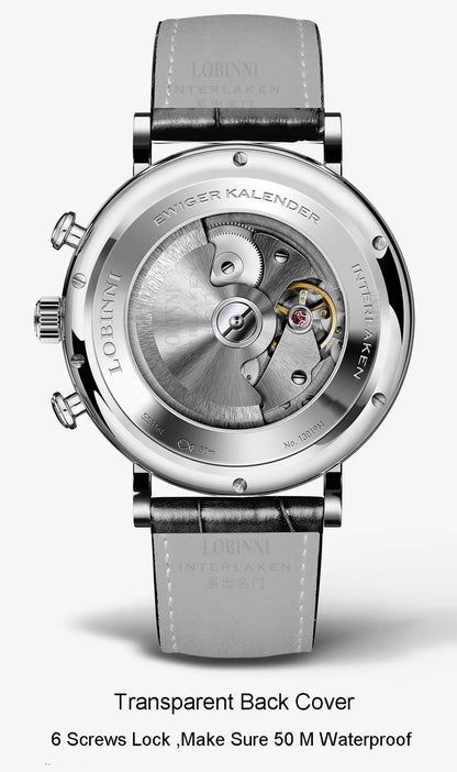 Relógio masculino mecânico automático LOBINNI Luxury Brand Switzerland com calendário perpétuo, vidro de safira e mostrador multifunções L13019-8