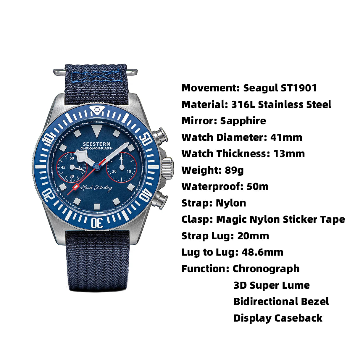 Cronógrafo SEESTERN para homem com movimento mecânico Tianjin ST1901, vidro de safira, bracelete de nylon, autocolante, luminoso, esqueleto
