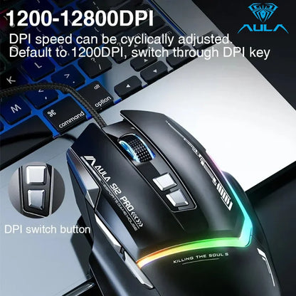 AULA S12Pro káblová mechanická myš 1000HZ 12800DPI RGB s nízkou latenciou, programovateľnými makrami – e-športová herná myš, príslušenstvo pre PC hráčov