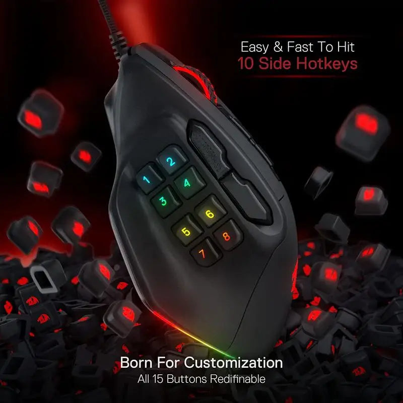Rato Gaming MMO Redragon M811 Aatrox, 15 Botões Programáveis, Rato Gamer RGB com Fio e Design Ergonómico de Pegada Natural