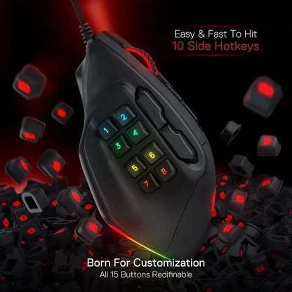 Rato Gaming MMO Redragon M811 Aatrox, 15 Botões Programáveis, Rato Gamer RGB com Fio e Design Ergonómico de Pegada Natural