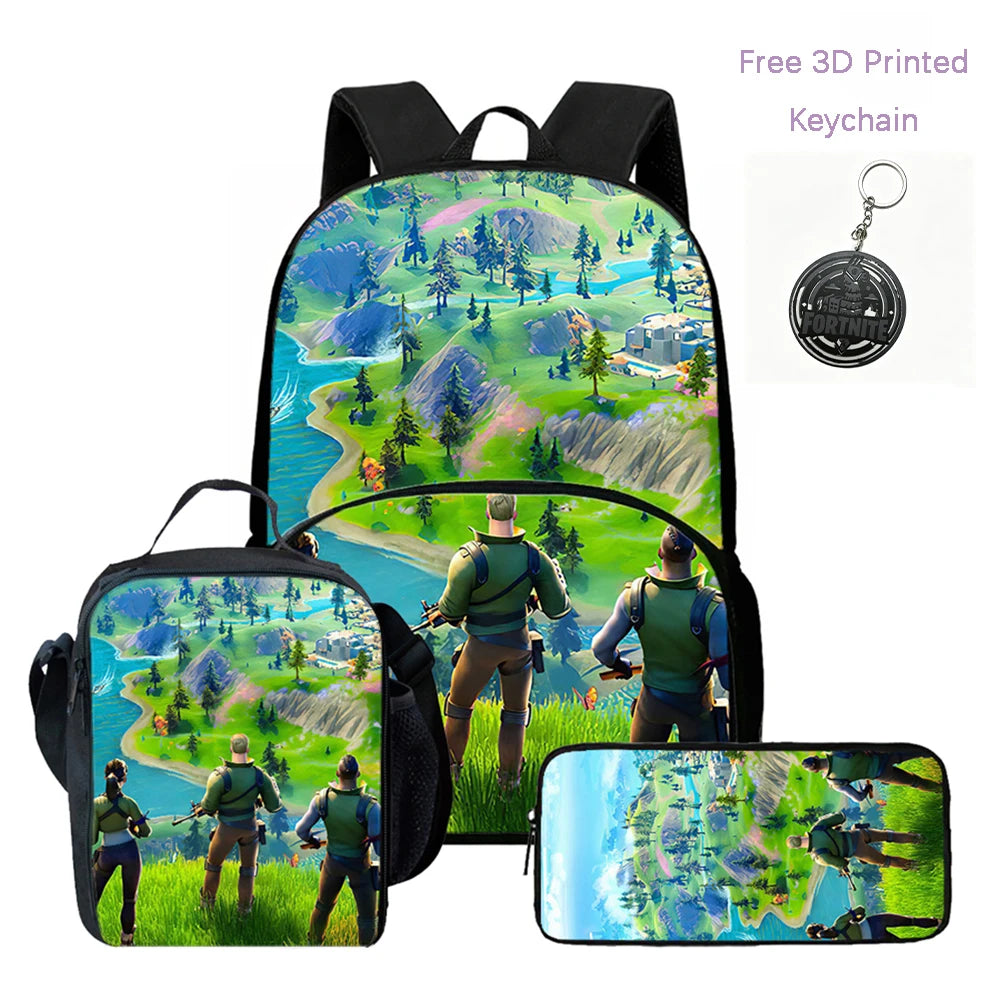 Conjunto FORTNITE leve de 3 peças: mochila com bolso frontal, lancheira e estojo, com porta-chaves 3D impresso grátis, para meninos, meninas e crianças dos 5 aos 10 anos