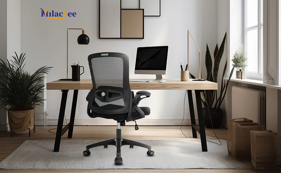 Milacyee Ergonomic Office Chair with Lumbar Support, Adjustable Desk Chair, 90° Flip-Up Armrest, Height Adjustable Mesh Executive Chair