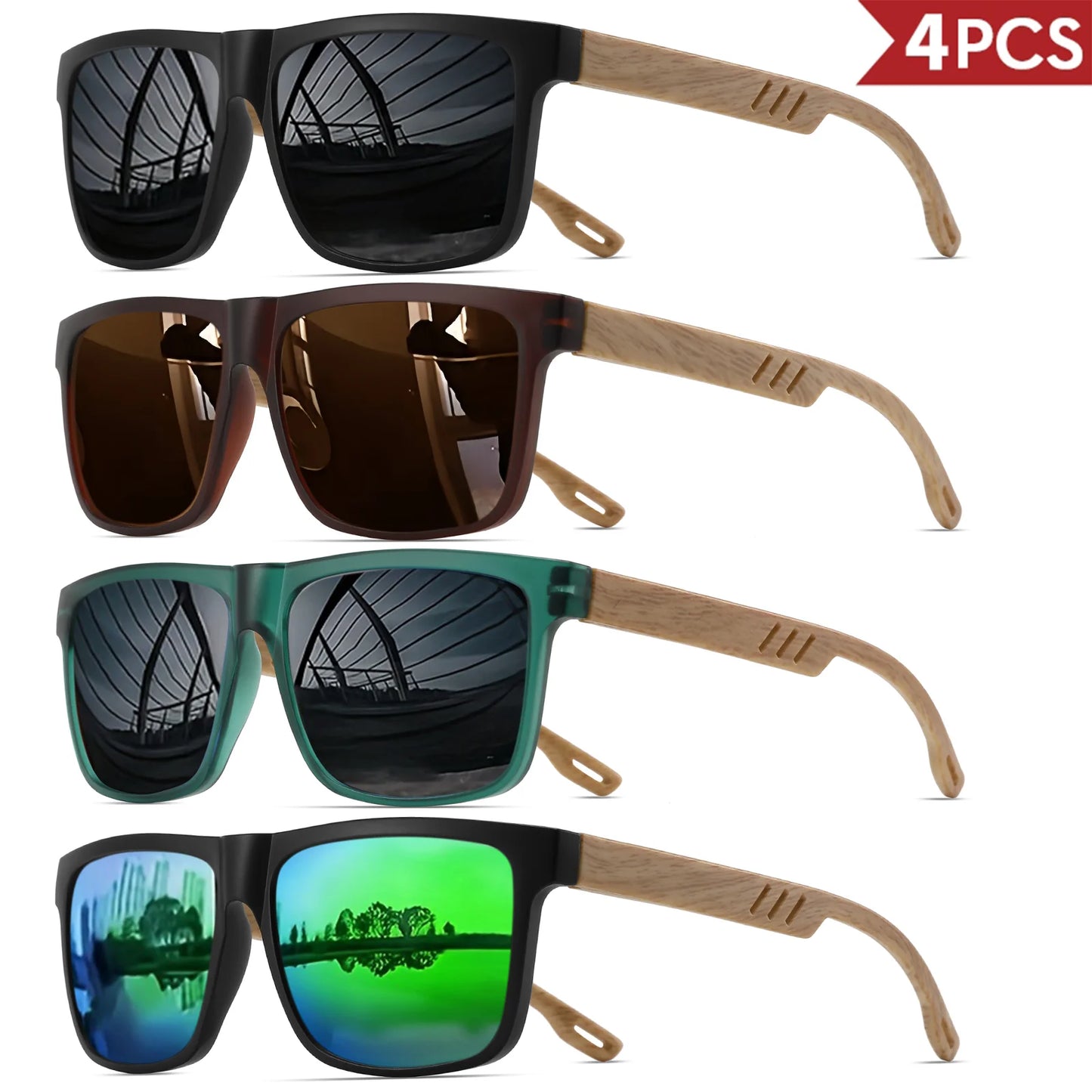 4PCS Wood Grain Spring Hinge Sunglasses - Classic Retro Square Frame, UV400 Unisex Comfort Fit for Daily Casual Wear