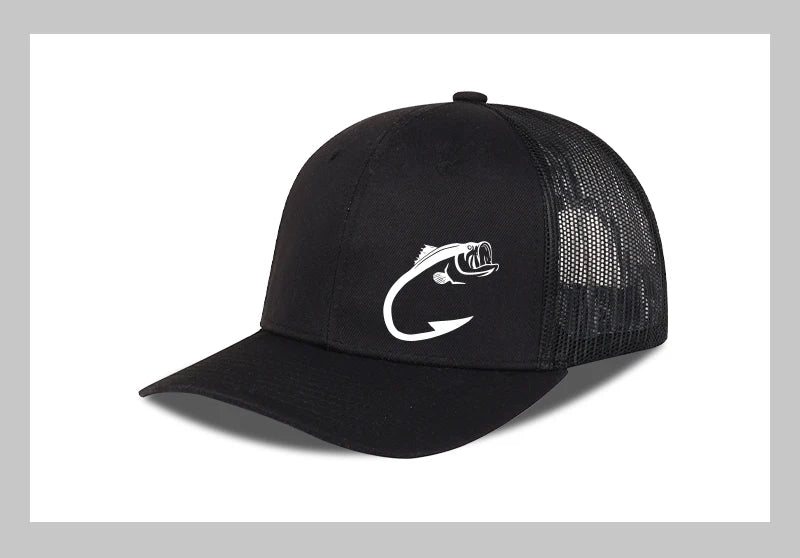 Bass Fish Hook Print Trucker Hat Adjustable Unisex Mesh Fishing Fan Sun Hat