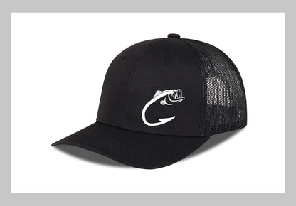 Bass Fish Hook Print Trucker Hat Adjustable Unisex Mesh Fishing Fan Sun Hat
