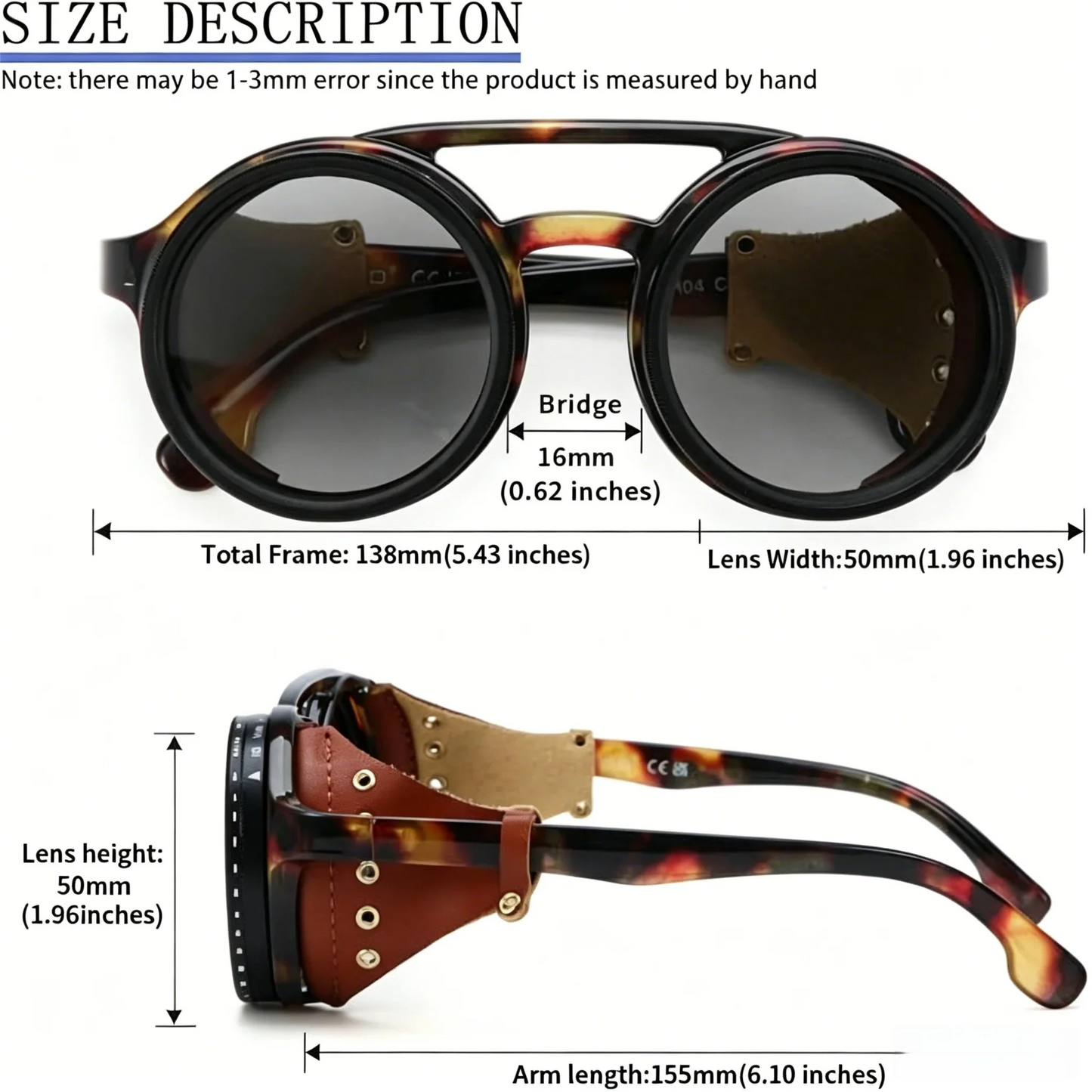 Adjustable 9-Gear ND Filter Steampunk Sunglasses UV400 Round Retro Punk Sun Glasses with Side Shields Leather Patch for Men Wome