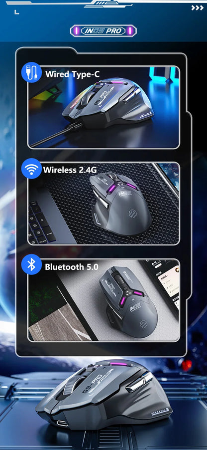 Ratón gaming inalámbrico Inphic IN9PRO 26000DPI, tasa de sondeo 8K, Bluetooth 5.0, con cable, 2.4G, trimodo, RGB, ergonómico