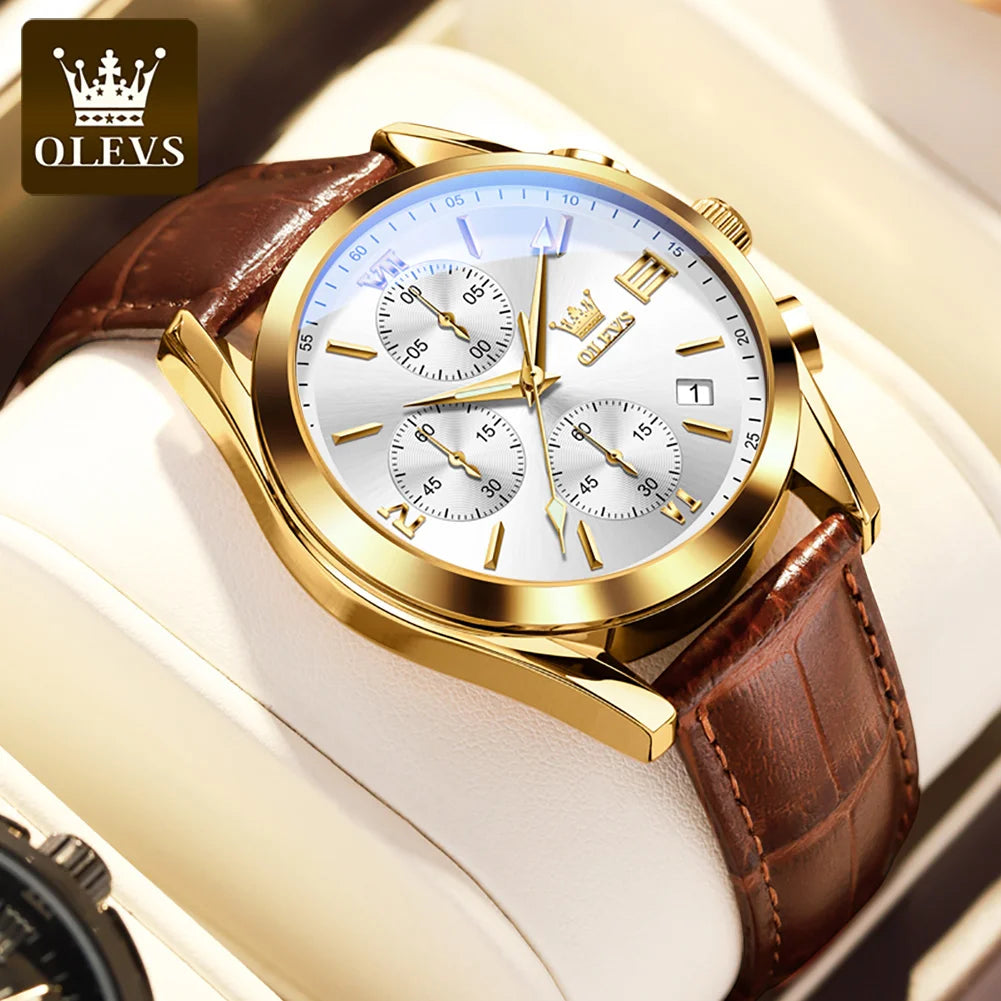 Reloj de pulsera cronógrafo para hombre OLEVS 2872 – Correa de piel, resistente al agua, agujas luminiscentes, movimiento de cuarzo, estilo deportivo de lujo