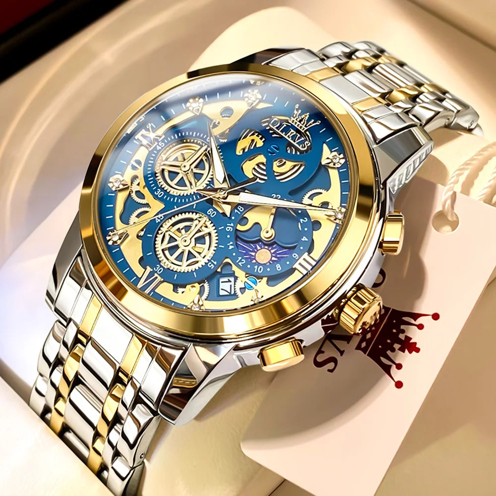 OLEVS men’s watch – Luxury model, water-resistant, quartz, skeletonised style, 24-hour display (day/night), gold colour
