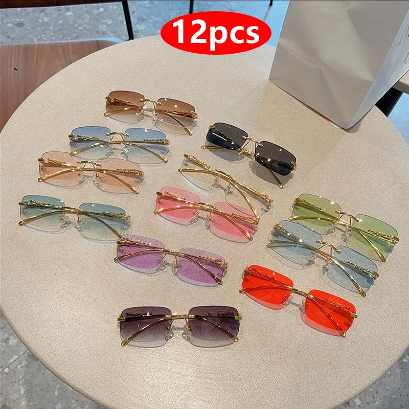 Cycling 12pcs Brand Leopard Rimless Rectangle Sunglasses Fashion Y2K Frameless Sun Glasses Shades for Women Men UV400