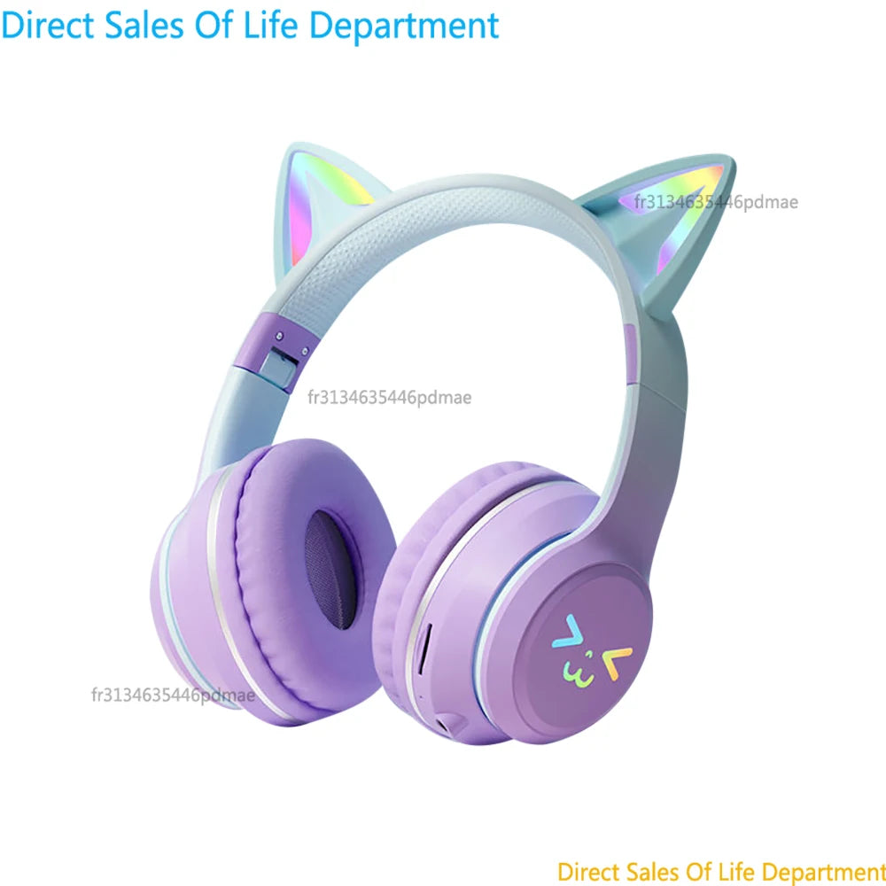 RGB Cat Ear Wireless Bluetooth Headphones for Kids & Girls – LED Light Stereo Gaming Headset with Microphone