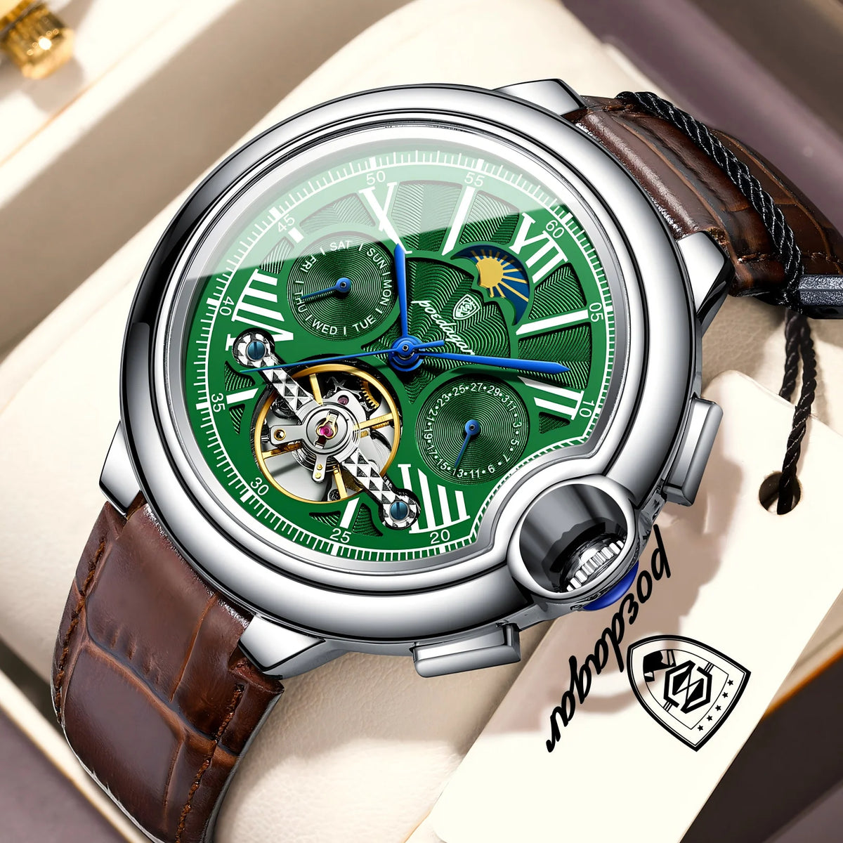 POEDAGAR luksuzni muški sat – automatski mehanički model s prikazom datuma i dana, kožni remen, tourbillon, vodootporan, elegantan i profesionalan stil.
