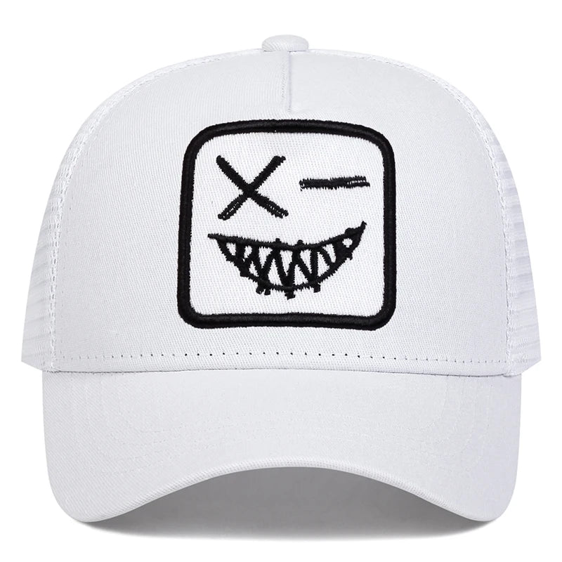 Unisex X Baseball-Netzkappen mit Stickerei eines lächelnden Gesichts und Zähnen – Sonnenhut für Frühling und Sommer, im Freien, mit Sonnenschutz, verstellbare Freizeit-Trucker-Kappen