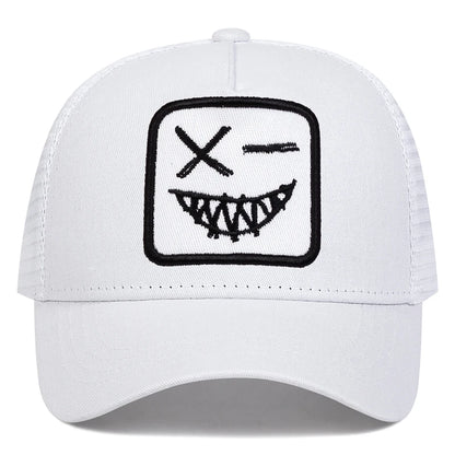 Unisex X Baseball-Netzkappen mit Stickerei eines lächelnden Gesichts und Zähnen – Sonnenhut für Frühling und Sommer, im Freien, mit Sonnenschutz, verstellbare Freizeit-Trucker-Kappen