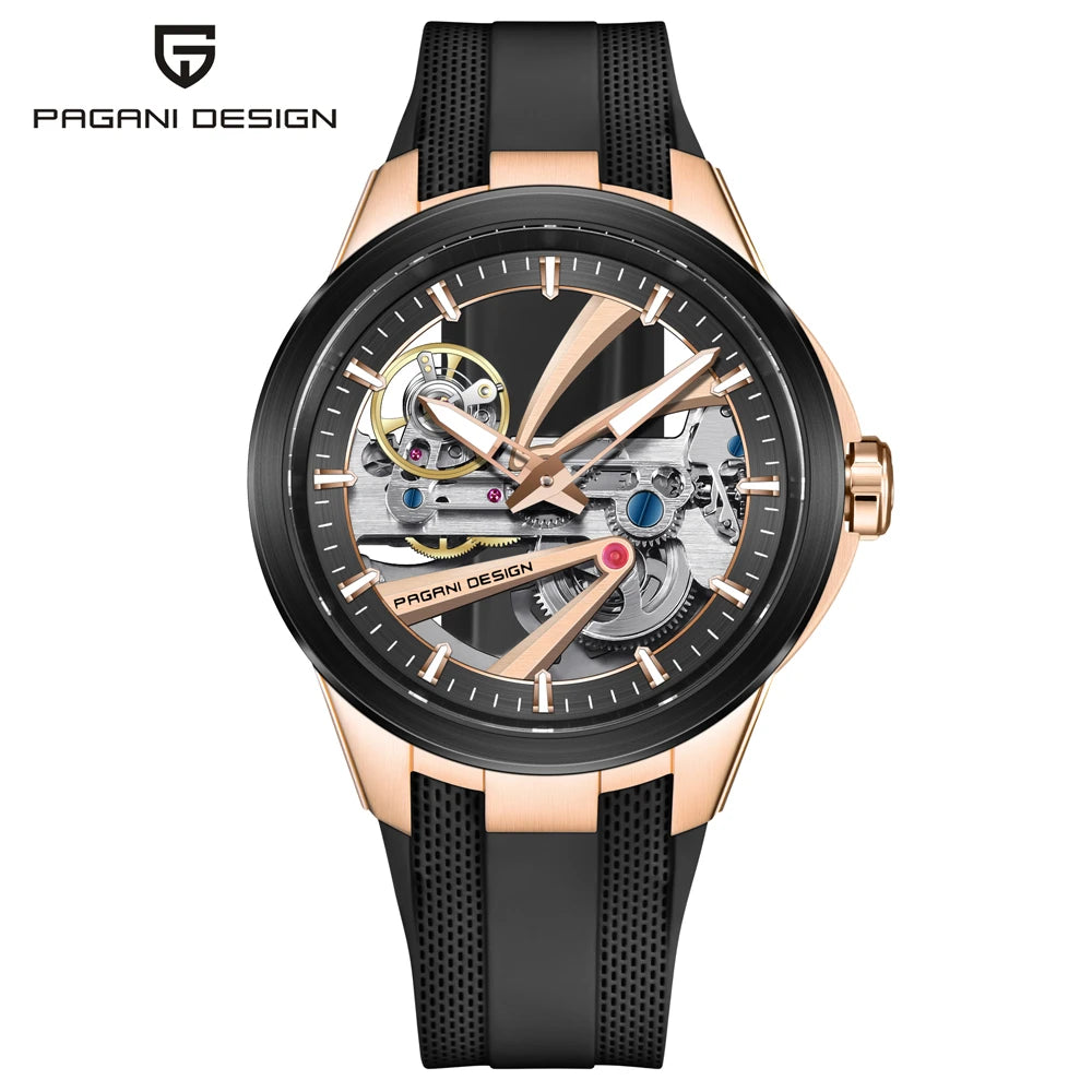 PAGANI DESIGN herreur – Luksuriøst mekanisk ur med automatisk optræk, af typen »skelet« (med synligt urværk), udstyret med en tourbillon, safirglas med antirefleksbehandling, vandtæt og selvlysende.