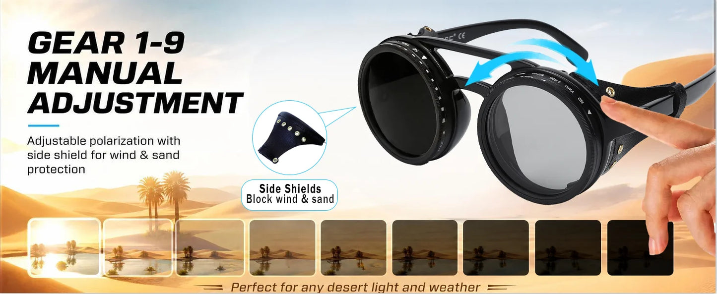 Adjustable 9-Gear ND Filter Steampunk Sunglasses UV400 Round Retro Punk Sun Glasses with Side Shields Leather Patch for Men Wome