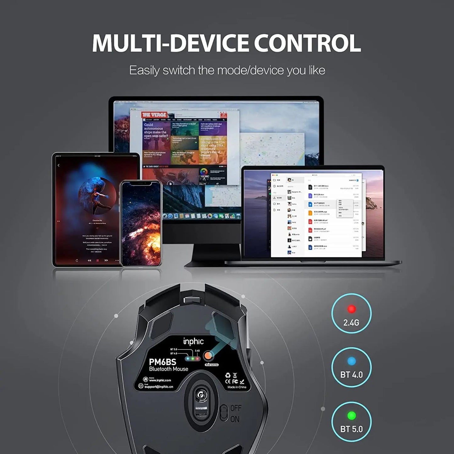 INPHIC A1 BluetoOth Mouse Rechargeable 2.4G Tri-mode Optical Mute Wireless Mouse 1600 DPI for Mac Laptop PC Tablet Mobile Phone