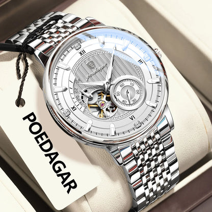 POEDAGAR Top Luxury Man Wristwatch Luminous Hollow Tourbillon Stainless Steel Men Clock Mechanical Automatic Men's Watches Reloj