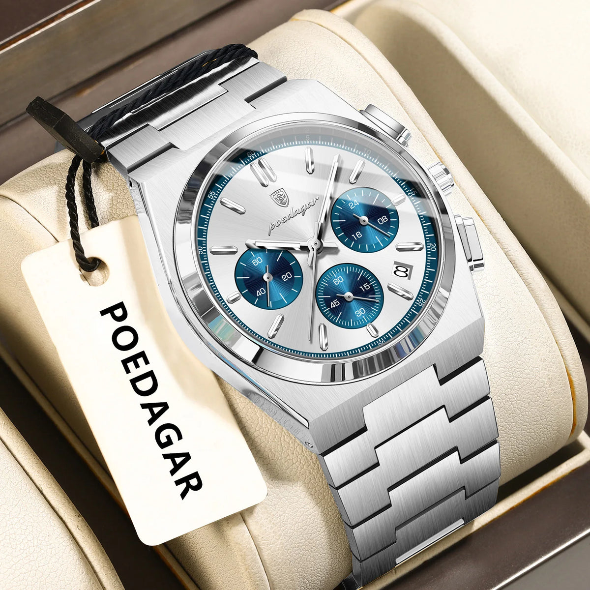Montre pour homme POEDAGAR – Chronographe de luxe en acier inoxydable, avec date, étanche et luminescente – Montre-bracelet sportive à quartz