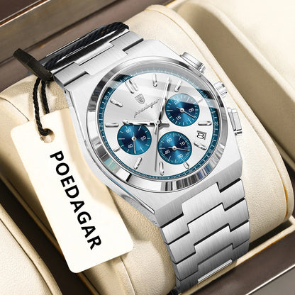 Montre pour homme POEDAGAR – Chronographe de luxe en acier inoxydable, avec date, étanche et luminescente – Montre-bracelet sportive à quartz