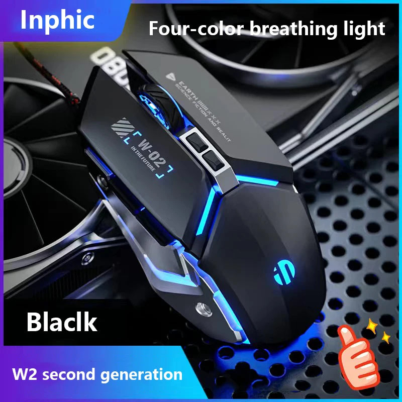 Inphic W2 2nd Generation USB Wired Gaming Mouse Silent Click Metal Style 6-key Macro Programming 8800DPI