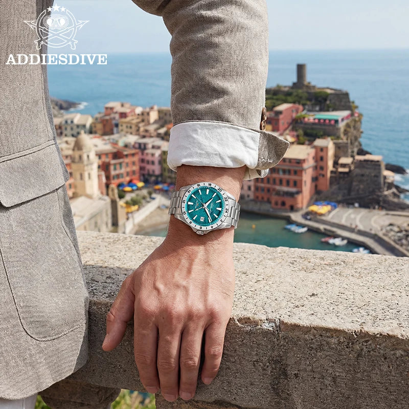 ADDIESDIVE GMT Men Quartz Watch Sapphire Crystal Swiss Ronda 515-24H Dual Time BGW9 Super Luminous 20Bar Waterproof Diver Watch