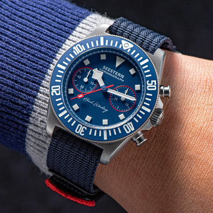 Cronógrafo SEESTERN para homem com movimento mecânico Tianjin ST1901, vidro de safira, bracelete de nylon, autocolante, luminoso, esqueleto