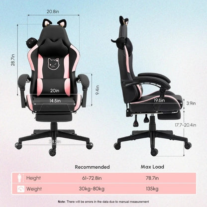 Niedlicher Gaming-Stuhl mit Katzenohren, Fußstütze, pinker Kawaii-Computerstuhl, ergonomischer Gamer-Sitz mit hoher Rückenlehne und Lendenstütze in Katzenpfotenform