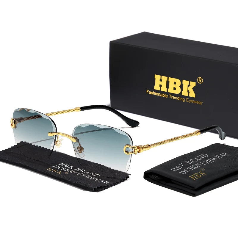 HBK Frameless Metal Sunglasses Men Wave Cutting Sun Glasses for Women Travel Shopping Shades Eyeglass UV400 Summer Style