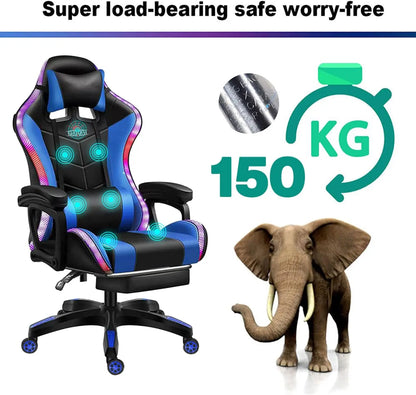 RGB Gaming Chair Ergonomic Massage Chair with LED Lights, Bluetooth Speakers, Footrest, Lumbar Support, Reclining High Back E-Sports Chair
