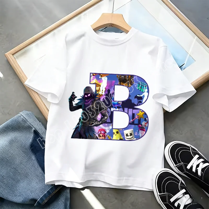 Fortnite A-Z Alphabet Print T Shirt Summer Kids White Clothing Popular Cartoon Game T Shirt Fashion Casual Short Sleeve Top Gift