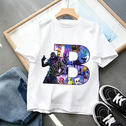Fortnite A-Z Alphabet Print T Shirt Summer Kids White Clothing Popular Cartoon Game T Shirt Fashion Casual Short Sleeve Top Gift