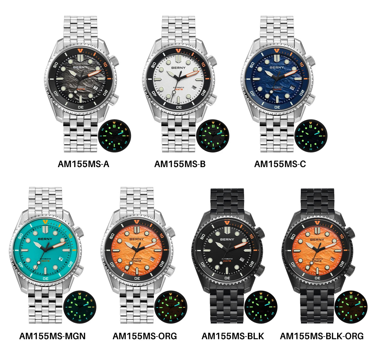 BERNY Diver Automatic Watches Men's Luxury Sapphire 316L Stainless Steel Mechanical Watch 42MM 200M Waterproof Diving Men's Watch