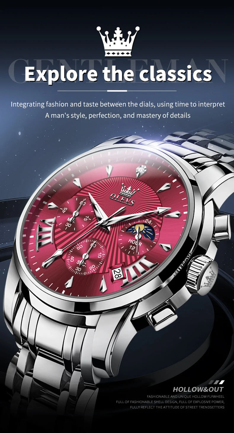 OLEVS Brand Fashion Red Watch For Men Luxury Sport Waterproof Stainless Steel Chronograph Quartz Watches Mens Relogio Masculino
