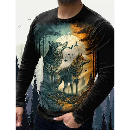 3D-printet Wolf Eagle T-shirt til mænd – T-shirts med vintage dyremønster – forår/efterår – langærmede T-shirts med rund hals – løse street-T-shirts