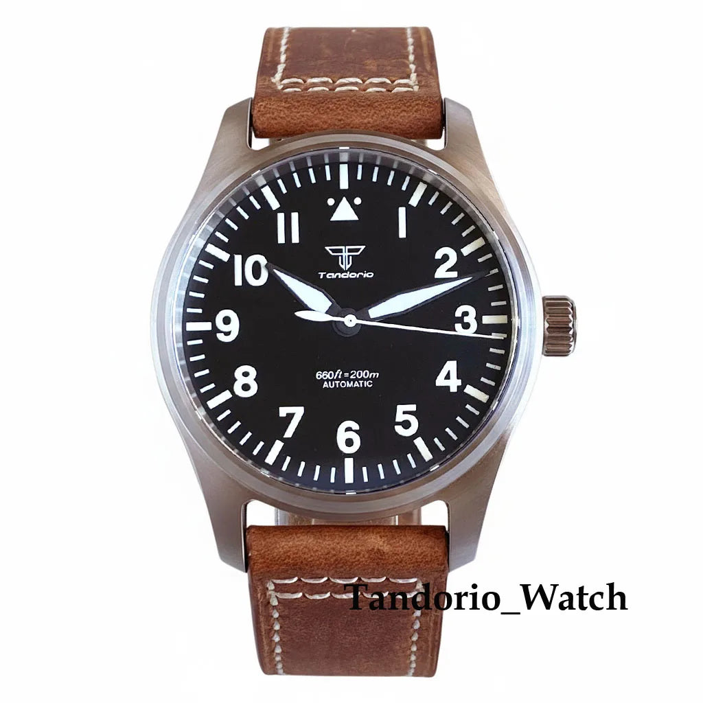 Tandorio 39mm Luxury Pilot Style Automatic Mechanical Men Watch For Miyota 8215 Movement 20ATM Luminous Diver Wristwatch Leather
