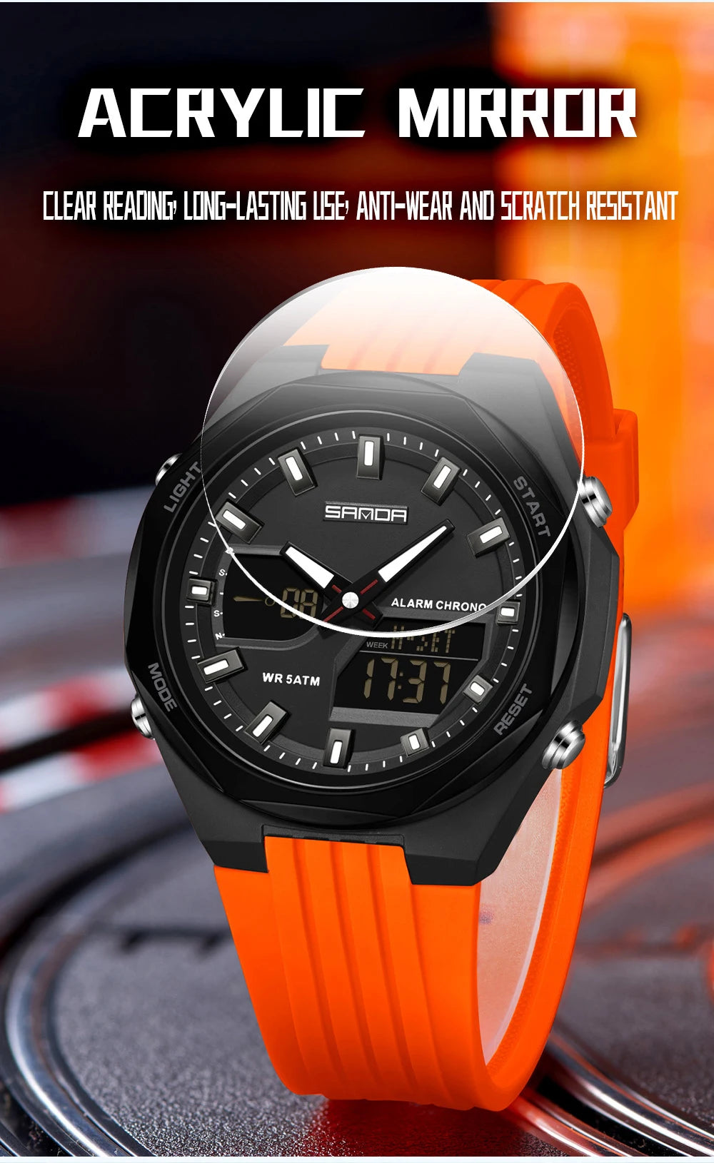 Fashion SANDA 6267 Men's Electronic Watch Multifunctional Operation Night light waterproof Dual Display Student Electronic Watch