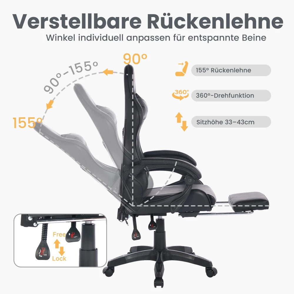 Ergonomic Rotating Gaming Chair, 360° Reclining Office Chair, Pivoting, Height-Adjustable, Footrest, Headrest