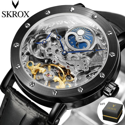 Męski zegarek na rękę SKROX z mechanizmem automatycznym, model szkieletowy z funkcją GMT, fazami księżyca i tourbillonem – elegancki i oryginalny zegarek luksusowy z najwyższej półki.