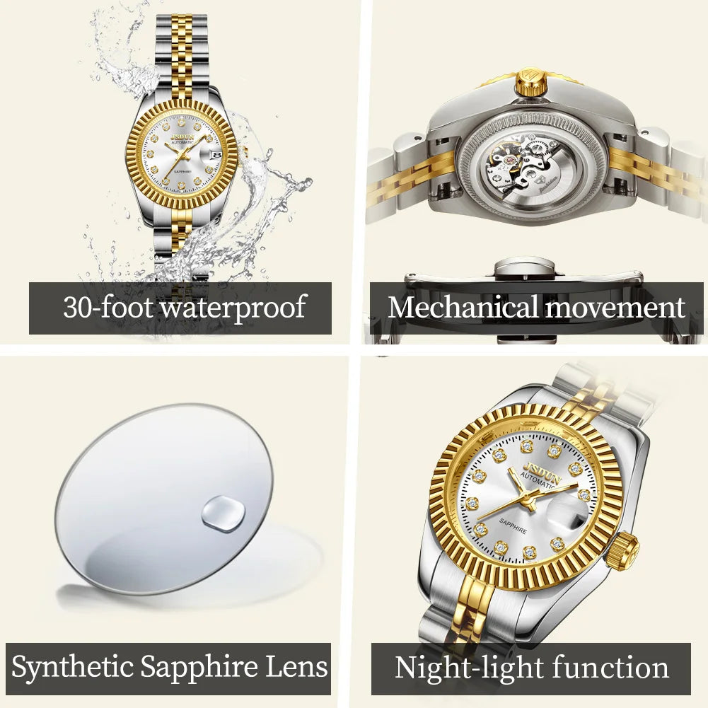 JSDUN 8737 Women Watches High Quality Luxury Elegant Original Mechanical Watch Small Dial Ladies Watch Steel Strap Gifts Box