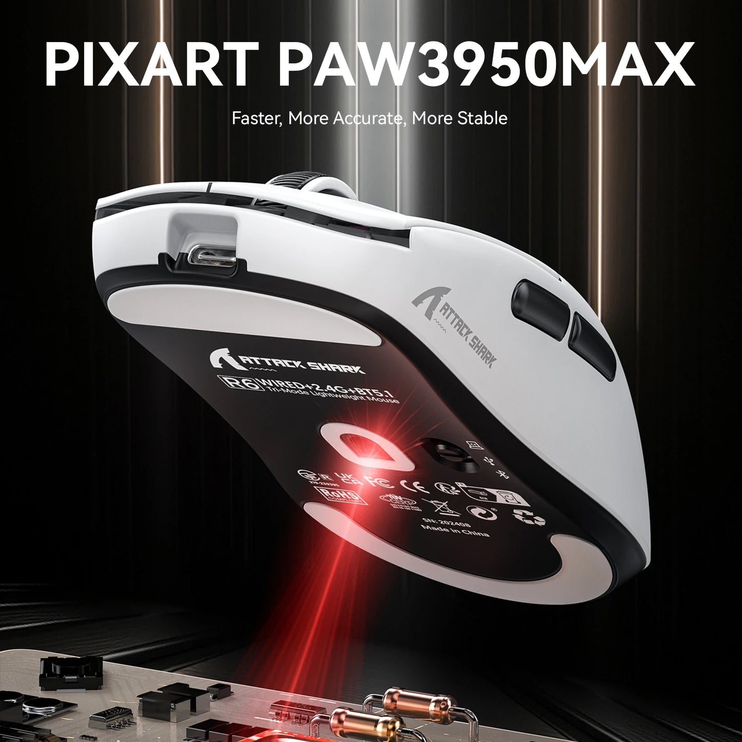 ATTACK SHARK R6 PAW3950MAX bezdrátová herní myš, polling 8Khz, ultralehká 39g, MCU Nordic 52840, optické mikrospínače Omron