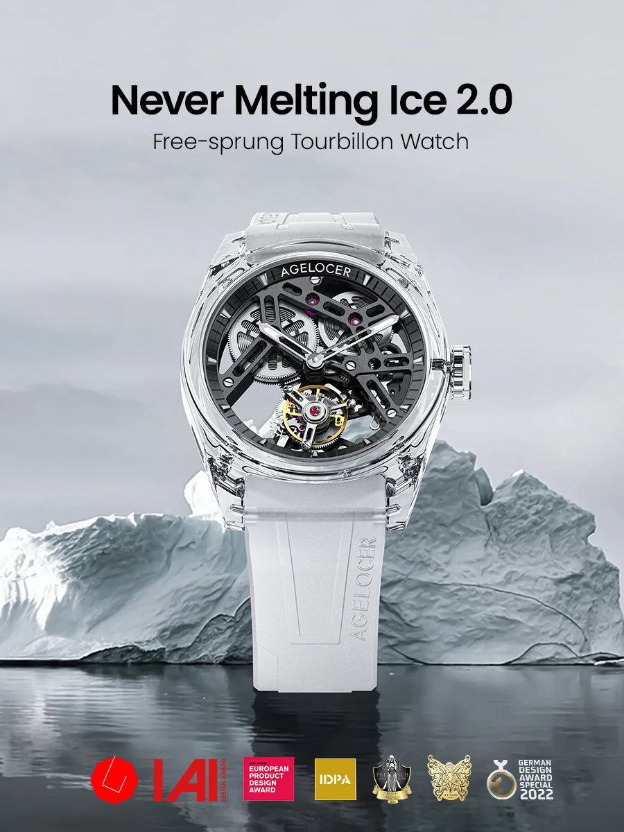 AGELOCER Limited Edition „Ice Never Melts“ Luxuriöse mechanische Handaufzugsuhr mit Free-sprung Crystal Tourbillon