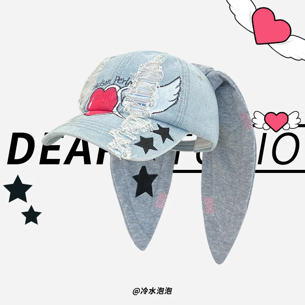 Celebrity-Inspired Niche Rabbit Ear Denim Ripped Baseball Cap Washed Graffiti Hip-Hop Sun Hat Trendy Cap