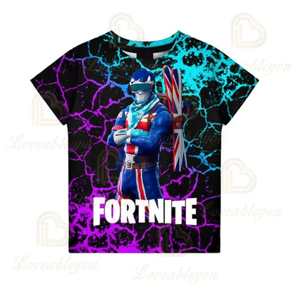 Fortnite T-shirt voor jongens, kindertop voor de zomer, kinderkleding met grappige 3D Battle Royale-gameprint, T-shirt/top voor peutermeisjes